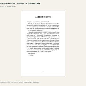 May include: A digital book page titled AUTHOR'S NOTE from Studio Sugarplum, sample page 5. The text describes a comedy about a town in Bakersfield, California, featuring characters like Brenda, an insurance adjuster, and a Vatican exorcist.