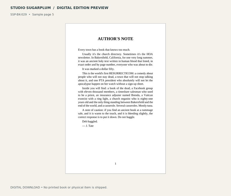 May include: A digital book page titled AUTHOR'S NOTE from Studio Sugarplum, sample page 5. The text describes a comedy about a town in Bakersfield, California, featuring characters like Brenda, an insurance adjuster, and a Vatican exorcist.