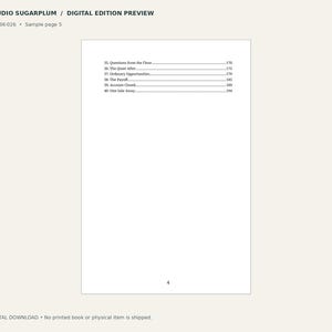 May include: A digital book sample page titled STUDIO SUGARPLUM with the text SSP-BK-026 and Sample page 5. The page lists chapters 35 through 40 with corresponding page numbers 170 to 194, and the number 4 centred at the bottom of the page.