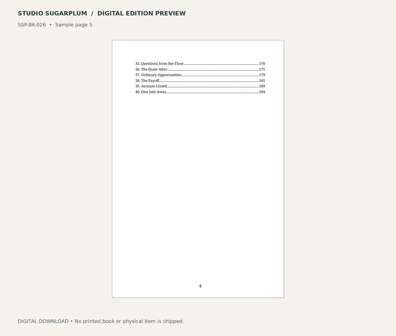 May include: A digital book sample page titled STUDIO SUGARPLUM with the text SSP-BK-026 and Sample page 5. The page lists chapters 35 through 40 with corresponding page numbers 170 to 194, and the number 4 centred at the bottom of the page.