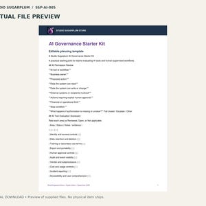 May include: An AI Governance Starter Kit editable planning template document from Studio Sugarplum. The page features sections for AI Permission Review and an AI Tool Evaluation Scorecard with tables for tracking status, notes, and evidence.