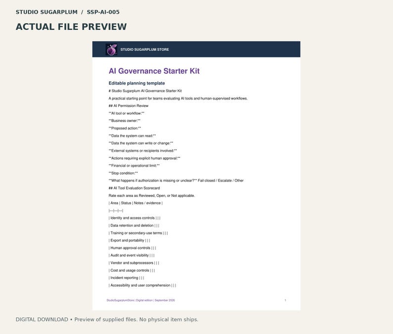 May include: An AI Governance Starter Kit editable planning template document from Studio Sugarplum. The page features sections for AI Permission Review and an AI Tool Evaluation Scorecard with tables for tracking status, notes, and evidence.