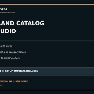 May include: A dark blue digital product graphic titled MODUVERA BRAND CATALOG STUDIO. It lists features including up to 20 items, search and category filters, and links to existing offers. It includes a built-in setup tutorial.