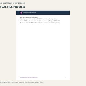 Puede incluir: Una vista previa de documento digital titulada Studio Sugarplum Store que contiene enlaces para Etsy How to Manage Your Digital Listings y Amazon KDP Format Your Paperback, revisado el 29 de septiembre de 2026, con un logo de ciruela.