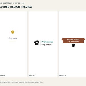 Pu&ograve; includere: Tre esempi di design grafico con testo a tema canino e impronte di zampe. Il primo mostra un'impronta dorata sopra il testo Dog Mom. Il secondo presenta un'impronta nera accanto al testo Professional Dog Petter. Il terzo mostra un banner marrone con il testo My Dog Thinks I'm Awesome sopra un'impronta nera.