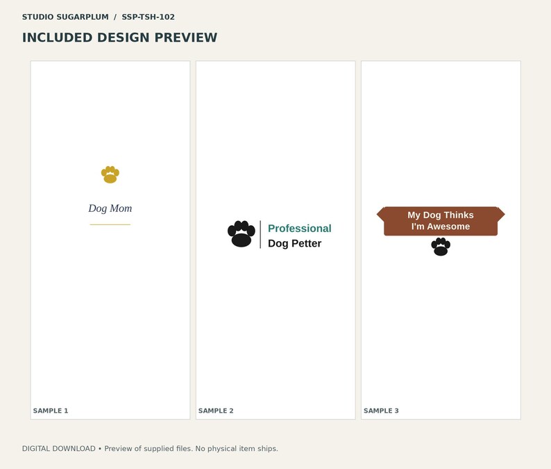 Pu&ograve; includere: Tre esempi di design grafico con testo a tema canino e impronte di zampe. Il primo mostra un'impronta dorata sopra il testo Dog Mom. Il secondo presenta un'impronta nera accanto al testo Professional Dog Petter. Il terzo mostra un banner marrone con il testo My Dog Thinks I'm Awesome sopra un'impronta nera.