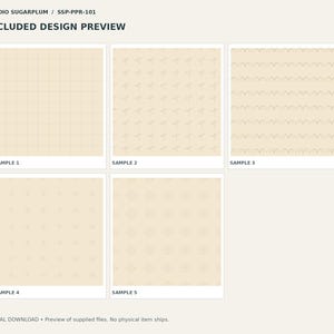 May include: A digital design preview from Studio Sugarplum, labeled SSP-PPR-101, featuring five beige square samples. The patterns include a grid, small floral motifs, wavy lines, tiny dots, and diamond shapes with centered dots.