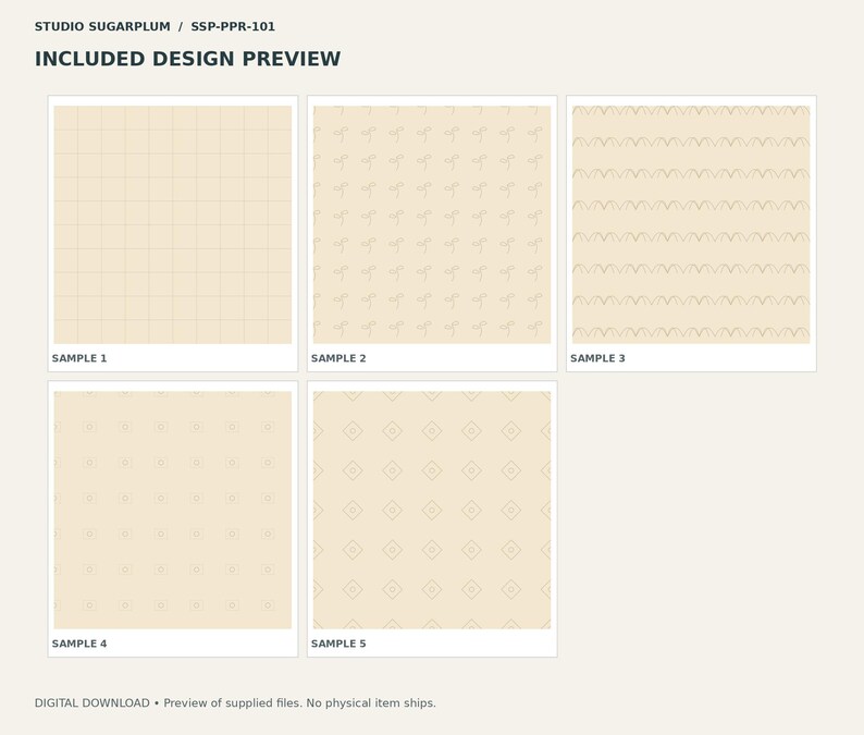 May include: A digital design preview from Studio Sugarplum, labeled SSP-PPR-101, featuring five beige square samples. The patterns include a grid, small floral motifs, wavy lines, tiny dots, and diamond shapes with centered dots.