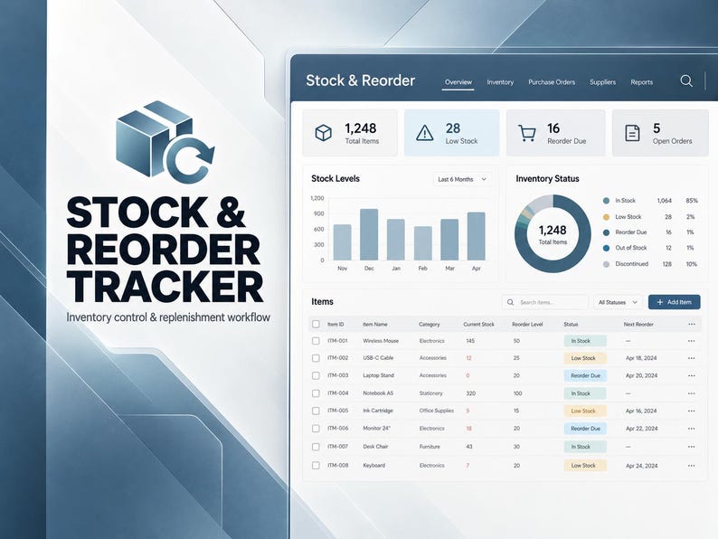 May include: A digital dashboard titled Stock & Reorder Tracker displaying inventory control data. The interface features a bar chart, a circular status graph, and a detailed table listing items, stock levels, and reorder statuses.