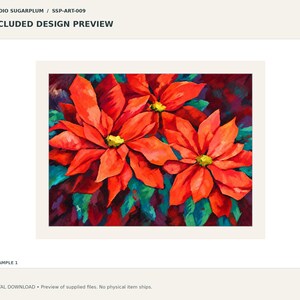 May include: A digital art print titled STUDIO SUGARPLUM / SSP-ART-009 featuring a vibrant painting of three large red poinsettia flowers with yellow centers, set against a dark, textured background of deep green and purple foliage.