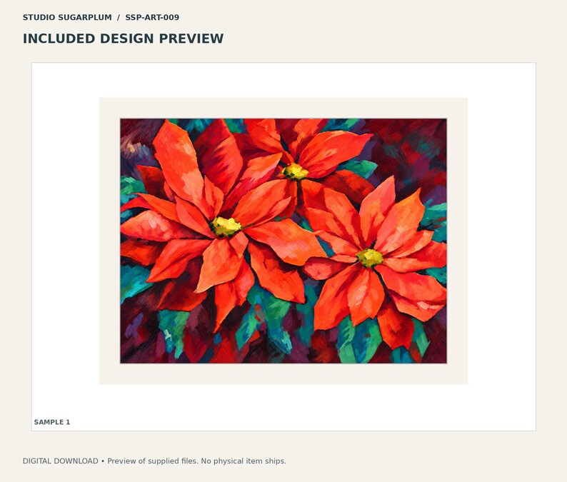 May include: A digital art print titled STUDIO SUGARPLUM / SSP-ART-009 featuring a vibrant painting of three large red poinsettia flowers with yellow centers, set against a dark, textured background of deep green and purple foliage.