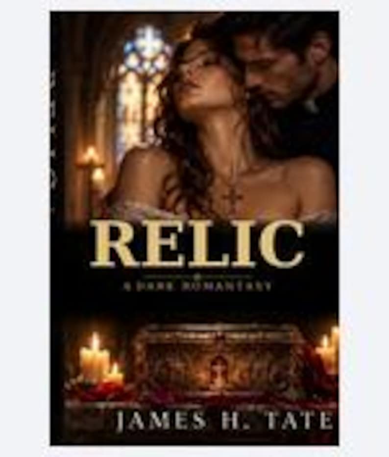 May include: A book cover titled RELIC A DARK ROMANTASY by James H. Tate. The image features a woman with a cross necklace and a man in a dimly lit setting with a stained glass window. Below, a decorative box sits among lit candles.
