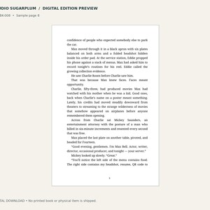 May include: A digital book page preview titled STUDIO SUGARPLUM with the text SSP-BK-008 and Sample page 8. The page contains a narrative text about characters named Max, Eddie, Charlie, and Mickey, ending with the page number 3 at the bottom.