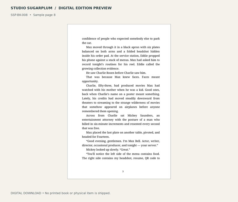 May include: A digital book page preview titled STUDIO SUGARPLUM with the text SSP-BK-008 and Sample page 8. The page contains a narrative text about characters named Max, Eddie, Charlie, and Mickey, ending with the page number 3 at the bottom.