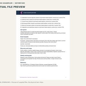 May include: A digital document titled Studio Sugarplum Store SSP-MKT-005 containing a list of business tasks, a call opener script, an email template, discovery and scope guidelines, a weekly working plan, and a reference to the FTC CAN-SPAM Act.