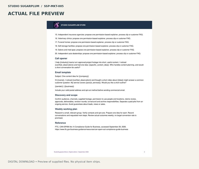 May include: A digital document titled Studio Sugarplum Store SSP-MKT-005 containing a list of business tasks, a call opener script, an email template, discovery and scope guidelines, a weekly working plan, and a reference to the FTC CAN-SPAM Act.