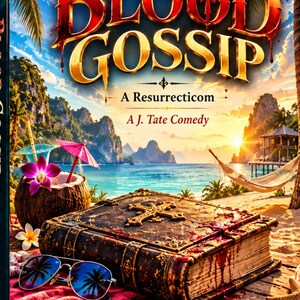May include: A book cover titled The Blood Gossip A Resurrecticom A J. Tate Comedy by J. Tate. The cover features a dark, blood-stained book with a cross on the cover, sunglasses, and a coconut drink on a beach with a sunset background.