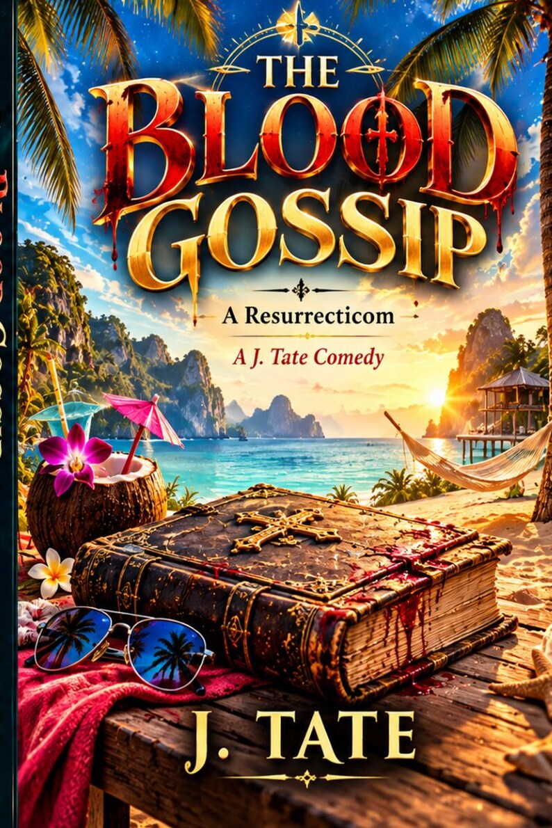 May include: A book cover titled The Blood Gossip A Resurrecticom A J. Tate Comedy by J. Tate. The cover features a dark, blood-stained book with a cross on the cover, sunglasses, and a coconut drink on a beach with a sunset background.