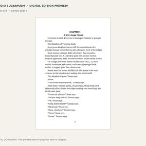 May include: A digital preview page from Studio Sugarplum, labelled SSP-BK-028, sample page 5. The text features Chapter 1, titled A Very Large House, detailing a narrative about characters Roan Vale and Tamsin Quill in a fantasy setting.