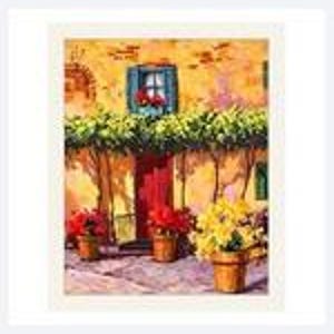 May include: A painting of a yellow building facade with a central red door, a blue-shuttered window, and a green vine canopy. Three terracotta pots containing red and yellow flowers are placed on the ground in front of the building entrance.
