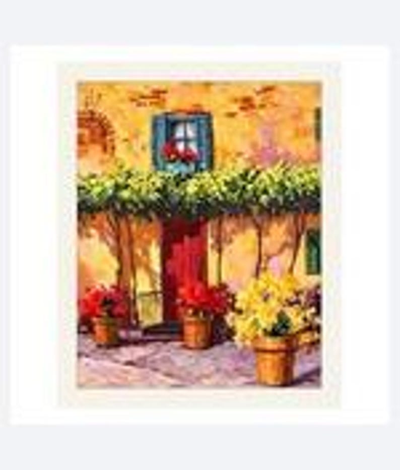 May include: A painting of a yellow building facade with a central red door, a blue-shuttered window, and a green vine canopy. Three terracotta pots containing red and yellow flowers sit on the ground in front of the building entrance.