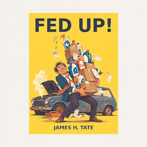 May include: A book cover titled FED UP! by James H. Tate featuring a person in a suit struggling to carry a large stack of cardboard boxes and cleaning supply bottles in front of a broken-down blue car with smoke rising from the open bonnet.