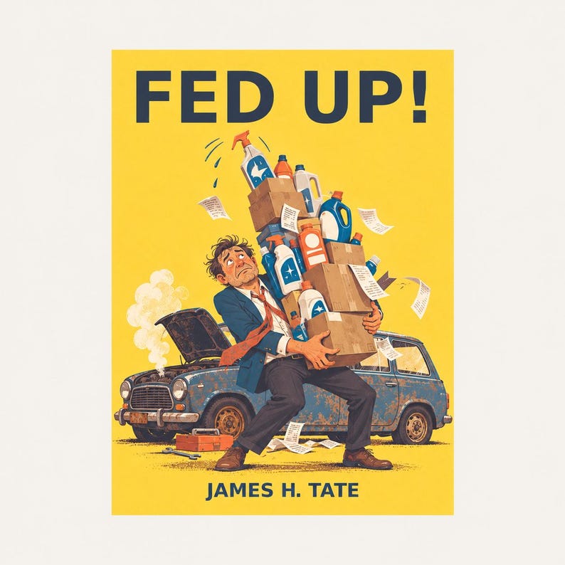 May include: A book cover titled FED UP! by James H. Tate featuring a person in a suit struggling to carry a large stack of cardboard boxes and cleaning supply bottles in front of a broken-down blue car with smoke rising from the open bonnet.