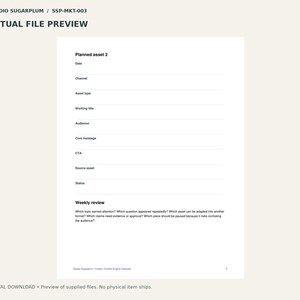 May include: A digital document template titled Studio Sugarplum SSP-MKT-003 Actual File Preview. The page features a Planned asset 2 section with fields for Date, Channel, Asset type, Working title, Audience, Core message, CTA, Source asset, Status, and a Weekly review section.