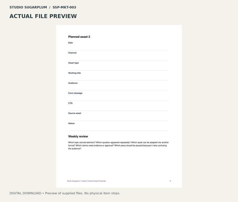 May include: A digital document template titled Studio Sugarplum SSP-MKT-003 Actual File Preview. The page features a Planned asset 2 section with fields for Date, Channel, Asset type, Working title, Audience, Core message, CTA, Source asset, Status, and a Weekly review section.
