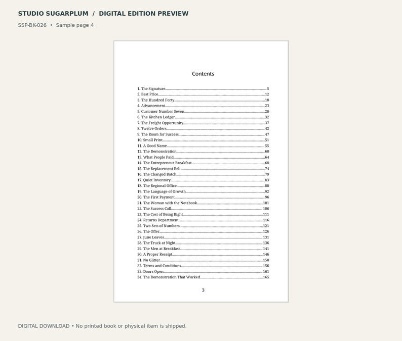 May include: A digital book preview page titled STUDIO SUGARPLUM / DIGITAL EDITION PREVIEW, displaying a table of contents with 34 numbered chapters ranging from The Signature to The Demonstration That Worked, with page numbers listed on the right.