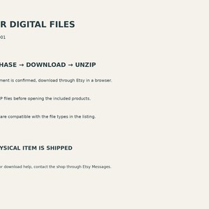 Puede incluir: Un gr&aacute;fico de informaci&oacute;n digital con texto oscuro sobre un fondo claro. Dice: YOUR DIGITAL FILES, SSP-INT-001, PURCHASE &rarr; DOWNLOAD &rarr; UNZIP, After payment is confirmed, download through Etsy in a browser, Extract ZIP files, NO PHYSICAL ITEM IS SHIPPED.