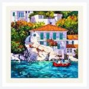 May include: A painting of a white house with a terracotta roof situated on a rocky cliffside overlooking turquoise water. A small red boat floats in the foreground, surrounded by lush green trees and foliage under bright sunlight.
