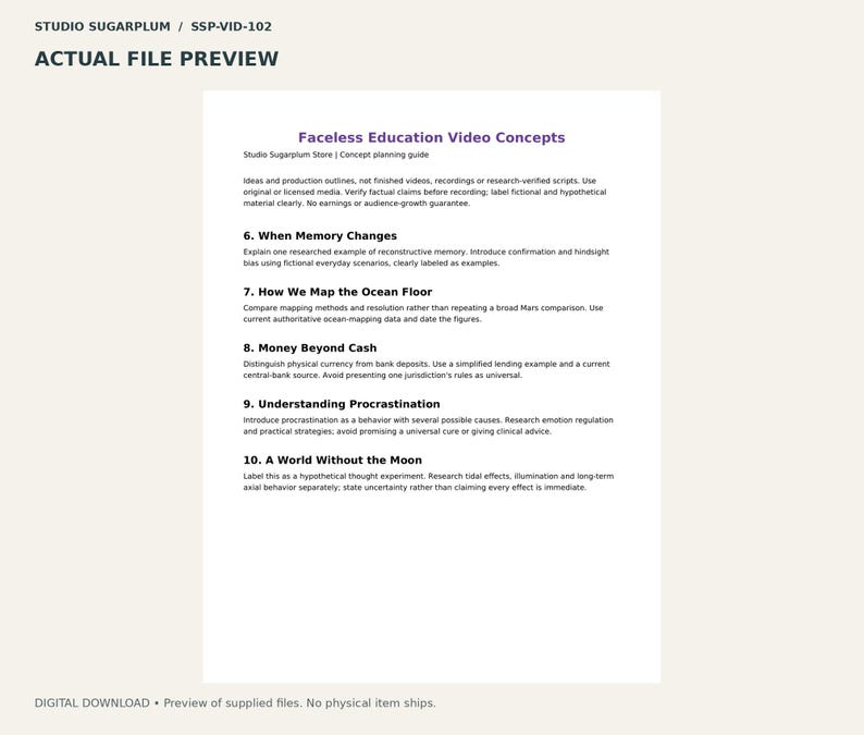 May include: A digital document titled Faceless Education Video Concepts from Studio Sugarplum. The page lists five numbered video topics including When Memory Changes, How We Map the Ocean Floor, Money Beyond Cash, Understanding Procrastination, and A World Without the Moon, with brief instructional summaries for each.