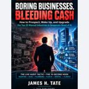 Puede incluir: Un libro titulado Boring Businesses, Bleeding Cash de James H. Tate. La portada muestra a una persona con traje mirando un horizonte urbano, con texto que detalla el manual de auditor&iacute;a y actualizaci&oacute;n para industrias manuales y el autor.