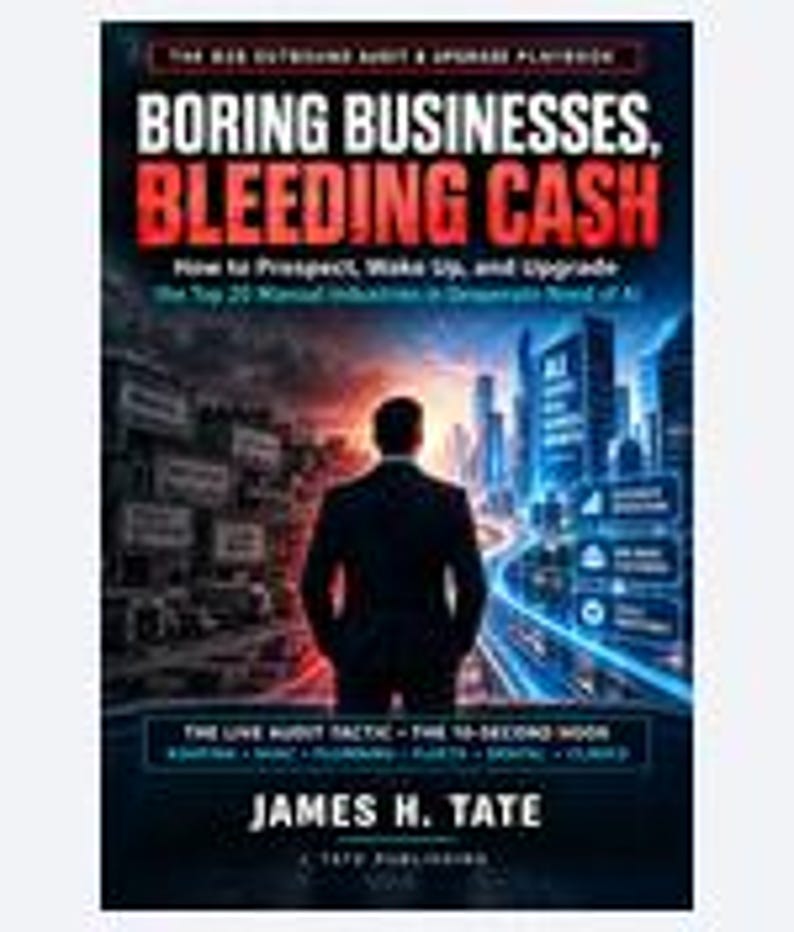 Puede incluir: Un libro titulado Boring Businesses, Bleeding Cash de James H. Tate. La portada muestra a una persona con traje mirando un horizonte urbano, con texto que detalla el manual de auditor&iacute;a y actualizaci&oacute;n para industrias manuales y el autor.