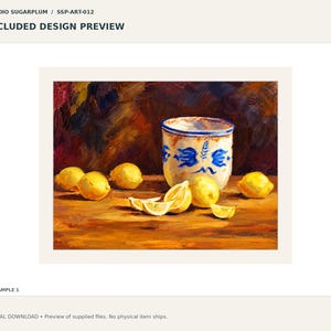 May include: An oil painting titled STUDIO SUGARPLUM / SSP-ART-012 featuring a white ceramic jar with blue floral patterns, surrounded by several whole and sliced yellow lemons on a wooden surface against a dark background.