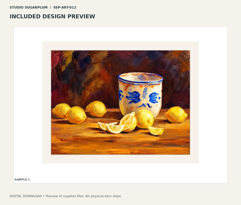May include: An oil painting titled STUDIO SUGARPLUM / SSP-ART-012 featuring a white ceramic jar with blue floral patterns, surrounded by several whole and sliced yellow lemons on a wooden surface against a dark background.
