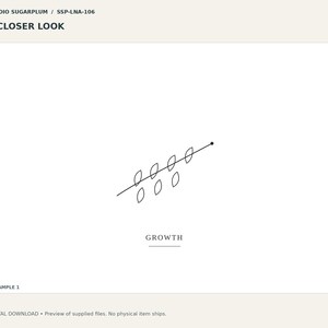 Puede incluir: Un dibujo de l&iacute;nea negra de un tallo diagonal con seis hojas peque&ntilde;as y un punto en la punta, centrado sobre la palabra GROWTH. El texto STUDIO SUGARPLUM / SSP-LNA-106 A CLOSER LOOK aparece en la parte superior y SAMPLE 1 abajo.