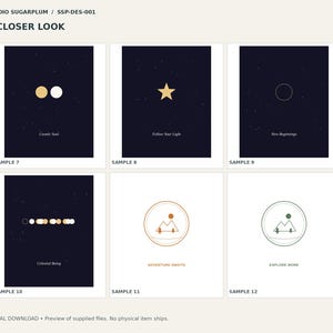 Puede incluir: Una colecci&oacute;n de seis impresiones de arte digital con temas celestiales y de naturaleza. Los dise&ntilde;os incluyen estrellas, lunas y paisajes de monta&ntilde;a con textos como Cosmic Soul, Follow Your Light, New Beginnings, Celestial Being, Adventure Awaits y Explore More.