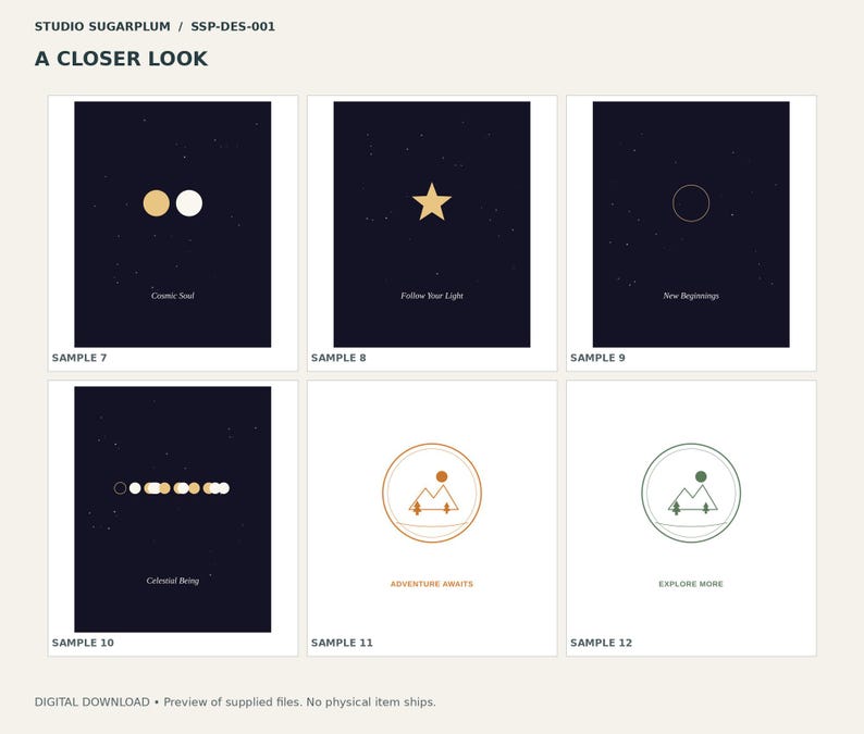 Puede incluir: Una colecci&oacute;n de seis impresiones de arte digital con temas celestiales y de naturaleza. Los dise&ntilde;os incluyen estrellas, lunas y paisajes de monta&ntilde;a con textos como Cosmic Soul, Follow Your Light, New Beginnings, Celestial Being, Adventure Awaits y Explore More.