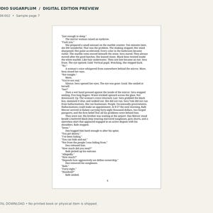 May include: A digital preview page from Studio Sugarplum, labeled SSP-BK-002, sample page 7. The document features black printed text on a white background, narrating a story about a mirror, a woman named Sera, and a character named Rafe Mercer.