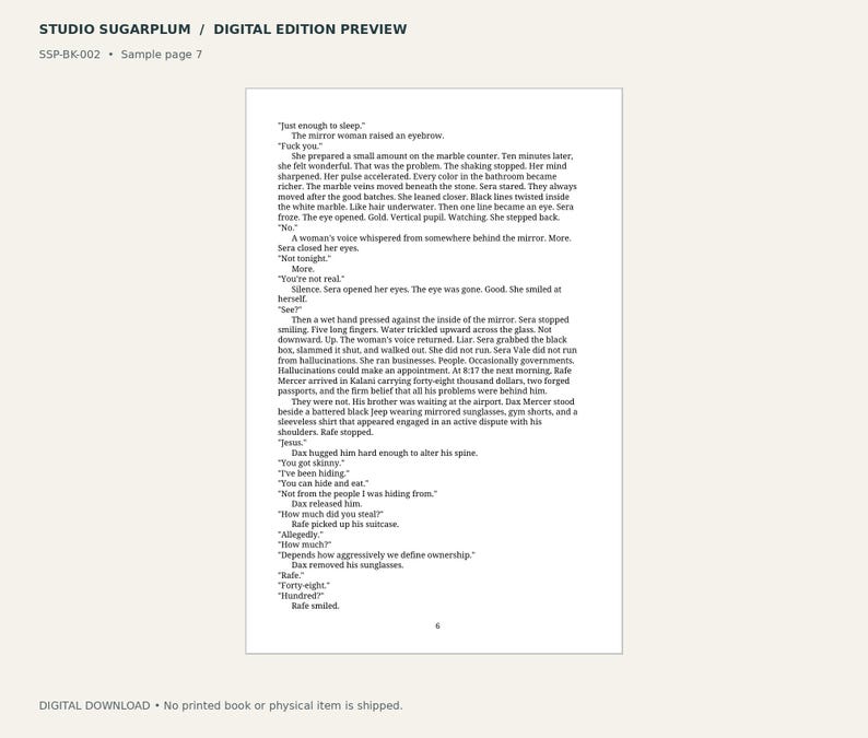 May include: A digital preview page from Studio Sugarplum, labeled SSP-BK-002, sample page 7. The document features black printed text on a white background, narrating a story about a mirror, a woman named Sera, and a character named Rafe Mercer.
