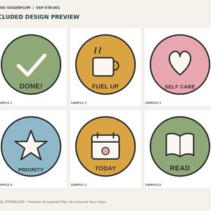 May include: A set of six circular stickers featuring icons and text: a green circle with a checkmark labeled DONE!, a yellow circle with a coffee mug labeled FUEL UP, a pink circle with a heart labeled SELF CARE, a blue circle with a star labeled PRIORITY, a yellow circle with a calendar labeled TODAY, and a green circle with an open book labeled READ.