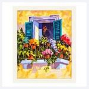 Pode incluir: Uma pintura em aguarela de uma janela aberta com portadas azul-petr&oacute;leo contra uma parede amarela. Um parapeito de varanda sustenta numerosas plantas em vasos com flores e folhagem vermelha, laranja, roxa e verde vibrante.