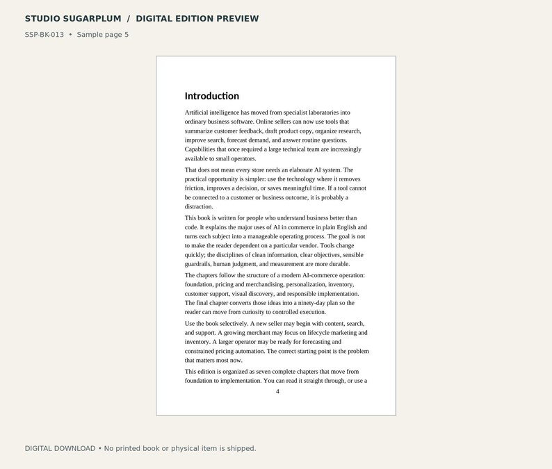 May include: A digital document preview titled Studio Sugarplum, displaying sample page 5 of a book. The text is headed Introduction and discusses artificial intelligence in business software, with a page number 4 at the bottom center.