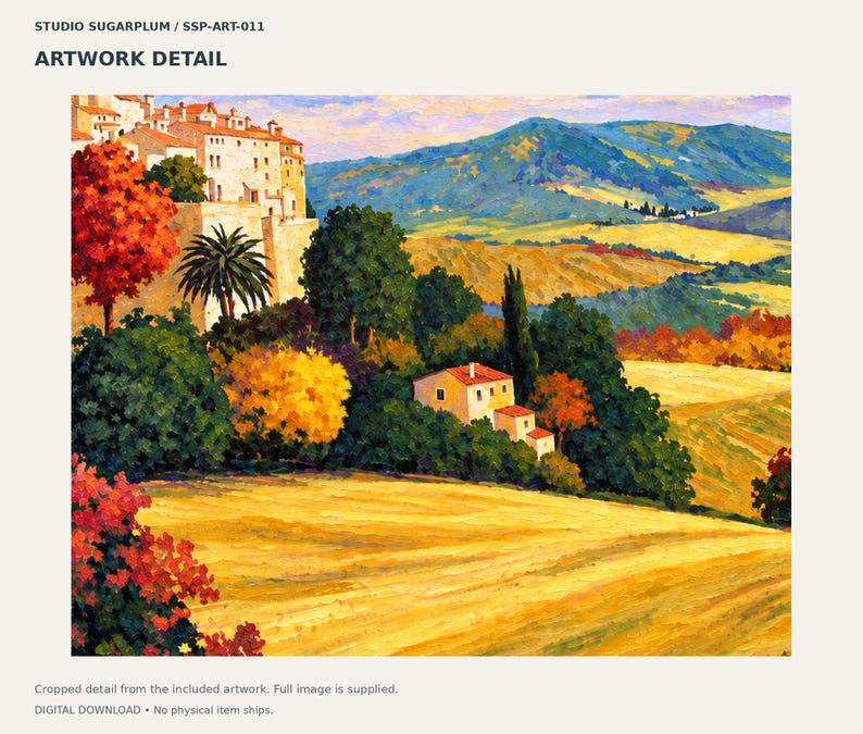 Puede incluir: Una pintura de paisaje titulada STUDIO SUGARPLUM / SSP-ART-011 ARTWORK DETAIL, que representa un pueblo en la ladera con edificios de colores claros, una palmera, &aacute;rboles verdes y amarillos, una casa peque&ntilde;a y campos dorados.