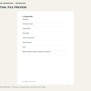 Puede incluir: Una plantilla de documento digital titulada 2. Creative Brief con l&iacute;neas en blanco para Working title, One-sentence concept, Audience insight, Core message, Tone and visual direction, Required inclusions, Avoid y Reference examples.