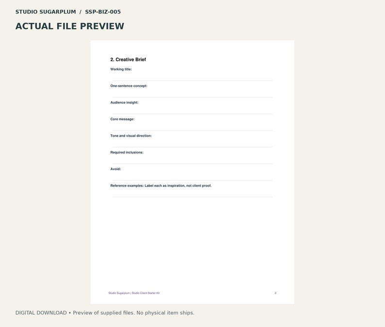 Puede incluir: Una plantilla de documento digital titulada 2. Creative Brief con l&iacute;neas en blanco para Working title, One-sentence concept, Audience insight, Core message, Tone and visual direction, Required inclusions, Avoid y Reference examples.