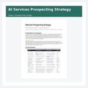 Op de afbeelding: Een document getiteld AI Services Prospecting Strategy met een donkergroene koptekst. De pagina bevat een sectie genaamd National Prospecting Strategy, een alinea over Criteria for Prospect en een tabel met kolommen voor Name, Company, Industry en Status.