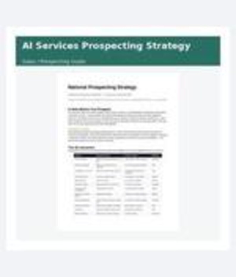 Op de afbeelding: Een document getiteld AI Services Prospecting Strategy met een donkergroene koptekst. De pagina bevat een sectie genaamd National Prospecting Strategy, een alinea over Criteria for Prospect en een tabel met kolommen voor Name, Company, Industry en Status.